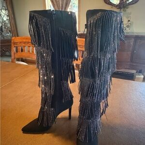 INC International Concepts Black Fringe Heeled Boots